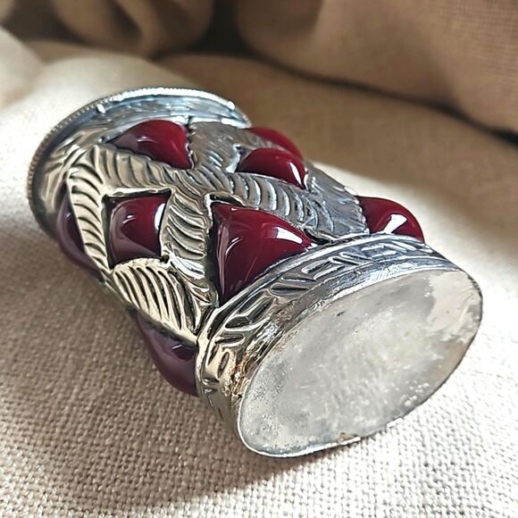 Small Red Glass Vase Encased in Silver Metal - oval - Picture 5 of 10